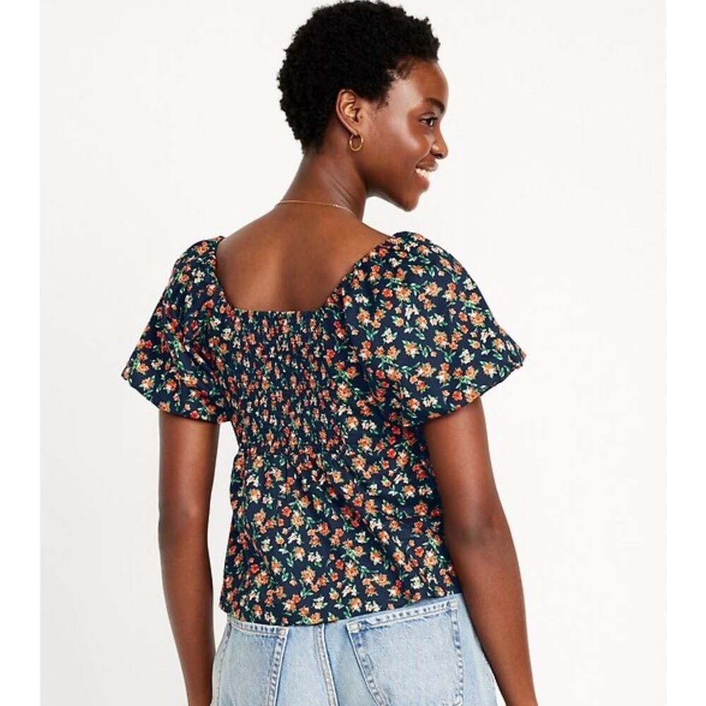 Old Navy Top Navy Orange Floral Puff Sleeve Square Neck Smocked M Cottagecore